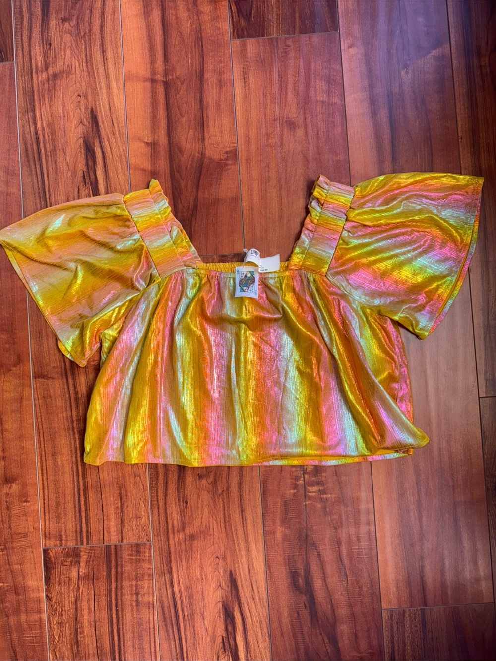 Queen Of Sparkles Rainbow Pleated Shimmer Off The Shoulder Top Multicolor NWT